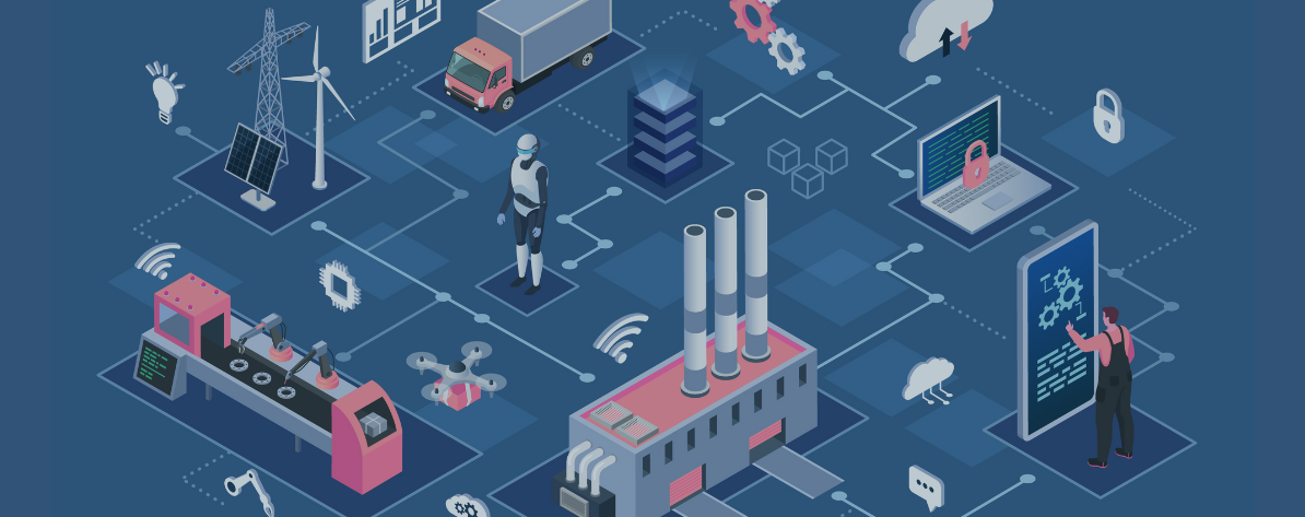 Graphic representation of a connected Smart Factory production facility
