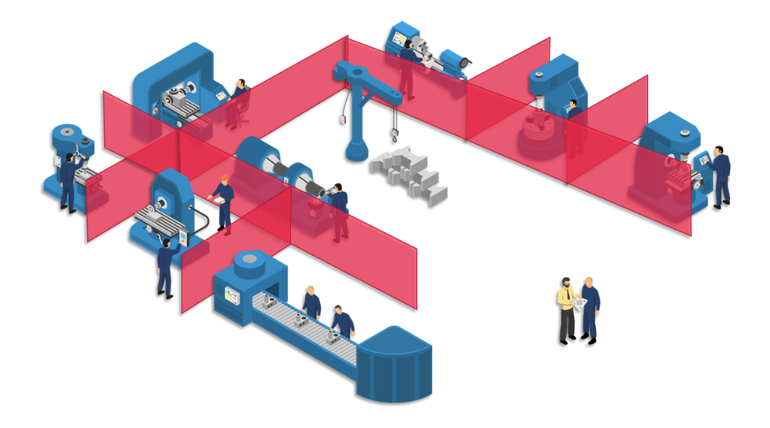 Graphic representation of a production hall with non-networked machines and isolated systems