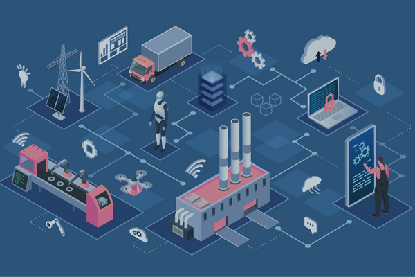 Grafische Darstellung einer vernetzten Smart-Factory-Produktionsanlage