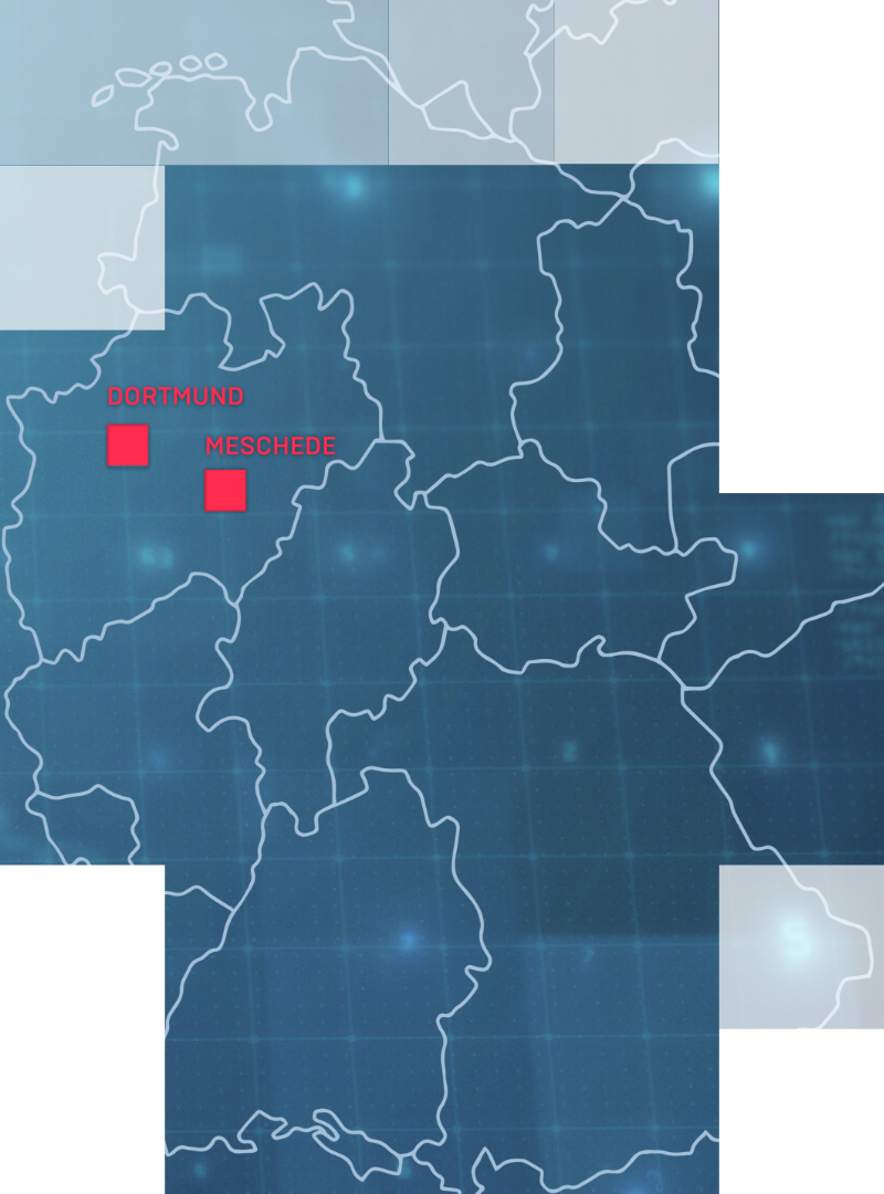 Map of Germany with markers showing the MEGLA locations in Dortmund and Meschede